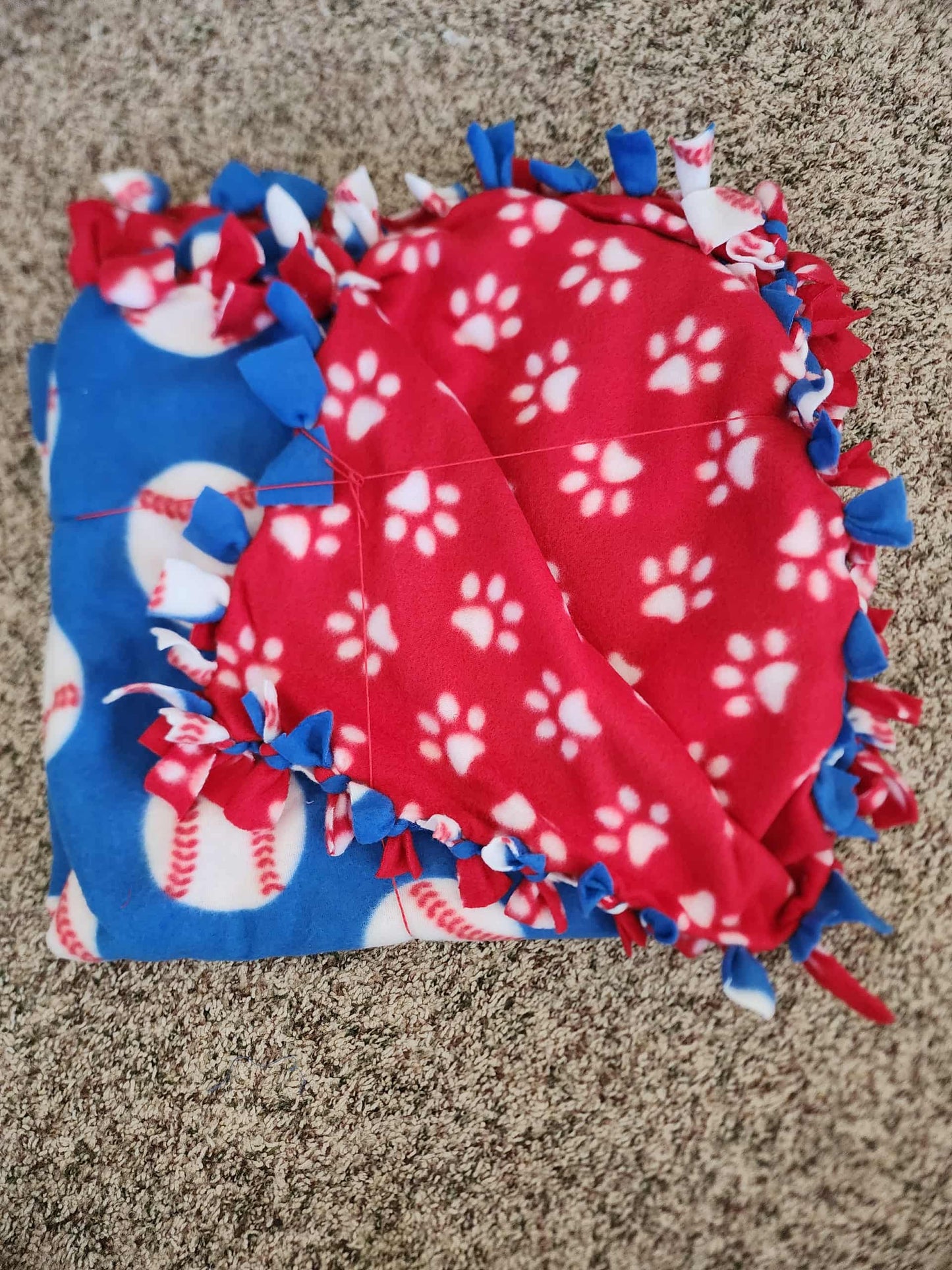 Blue Baseball and Paw Print Tied Blanket