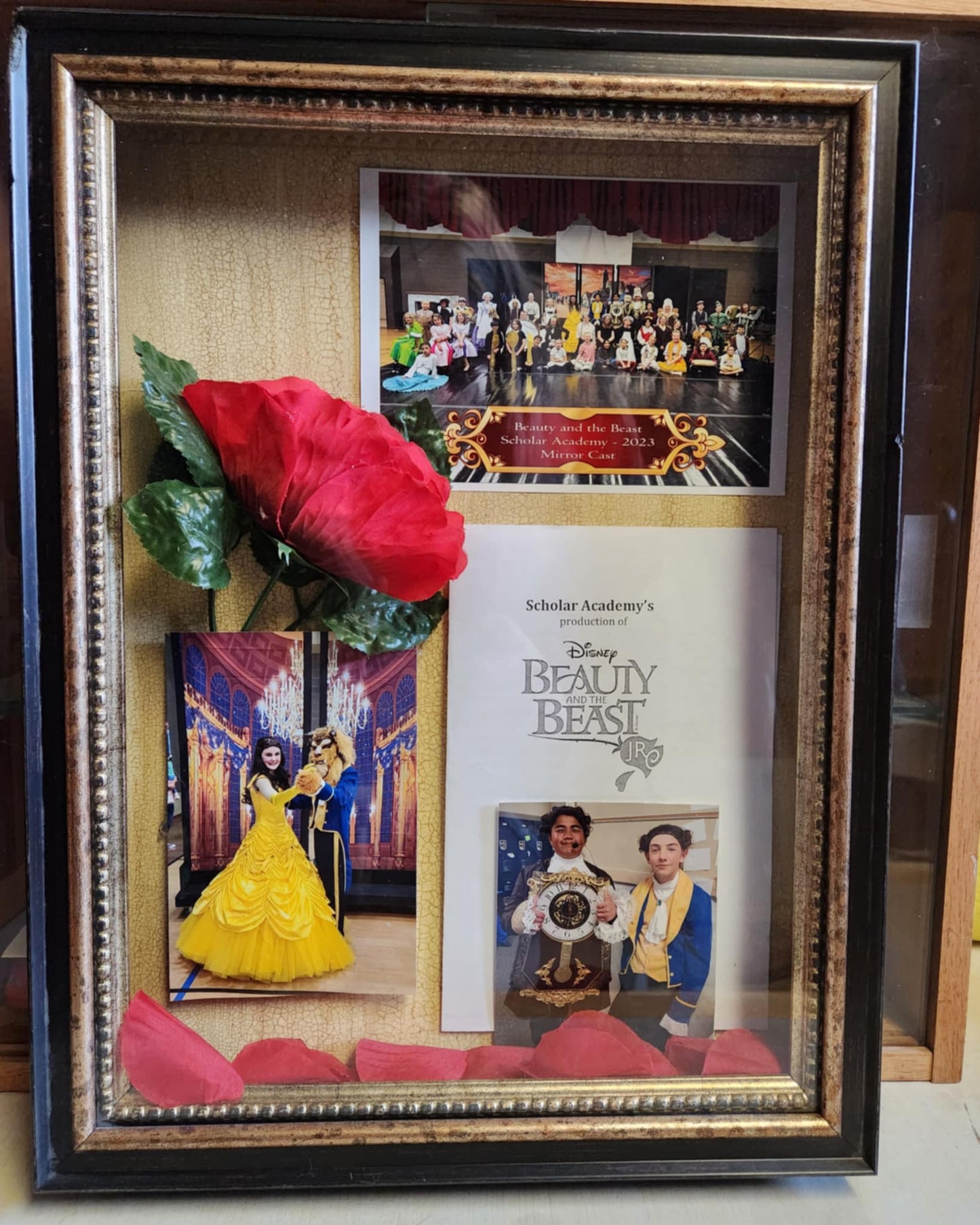 A wood shadow box with three photos with kids, a fake rose and a beauty and the beast pamphlet