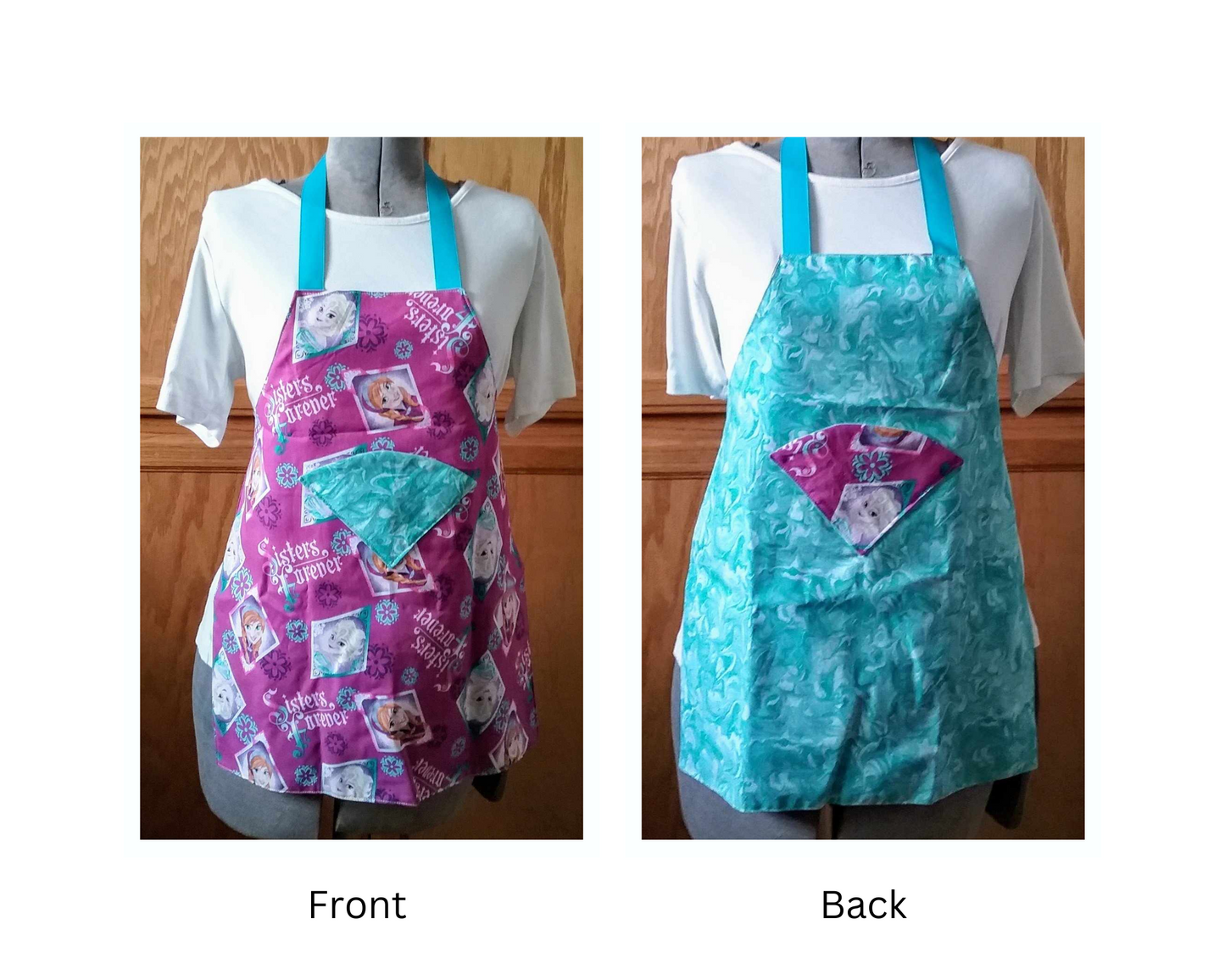 Two children aprons, in a kitchen environment. Front shows Elsa and Anna fabric ,with a marble blue pocket. Back is a Marble blue back ground with Elsa and Anna fabric for pockets. Comes with a mitten cookie cutter