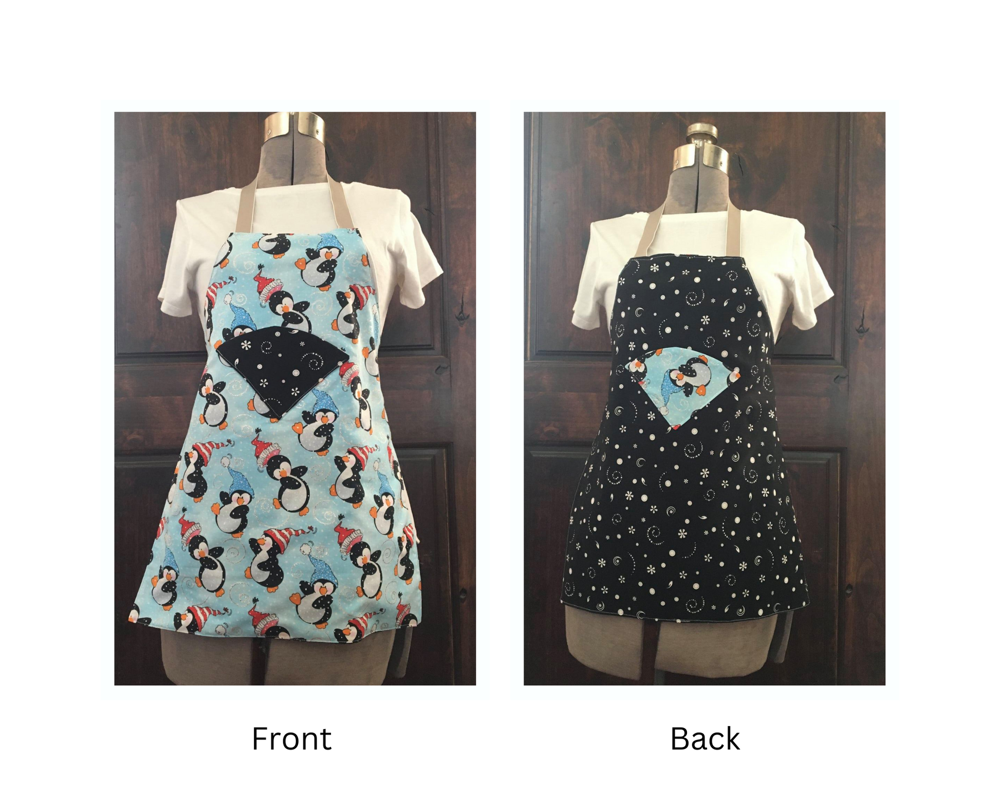 Children apron front view penguins with hats with blue background main fabric with a pocket, white snow storm with black background. Back view with white snow storm with lack background. A pocket with penguin with blue background. Comes with a mitten cookie cutter.