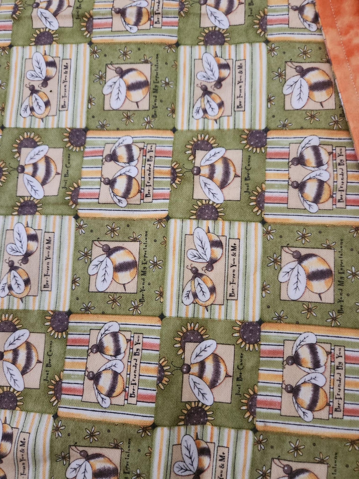 lose up Green receiving blanket. With a bee pattern and orange marbling back