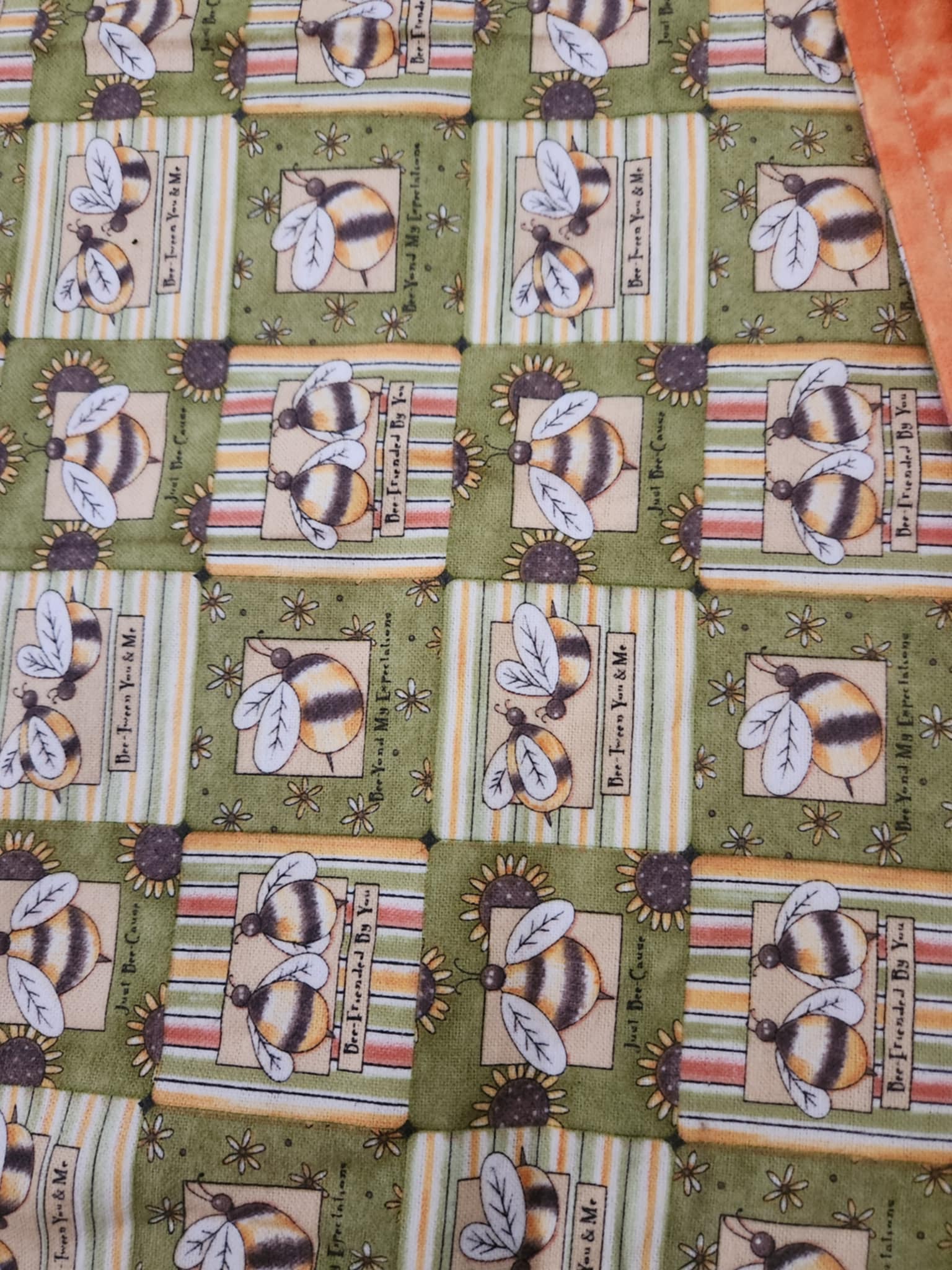 lose up Green receiving blanket. With a bee pattern and orange marbling back