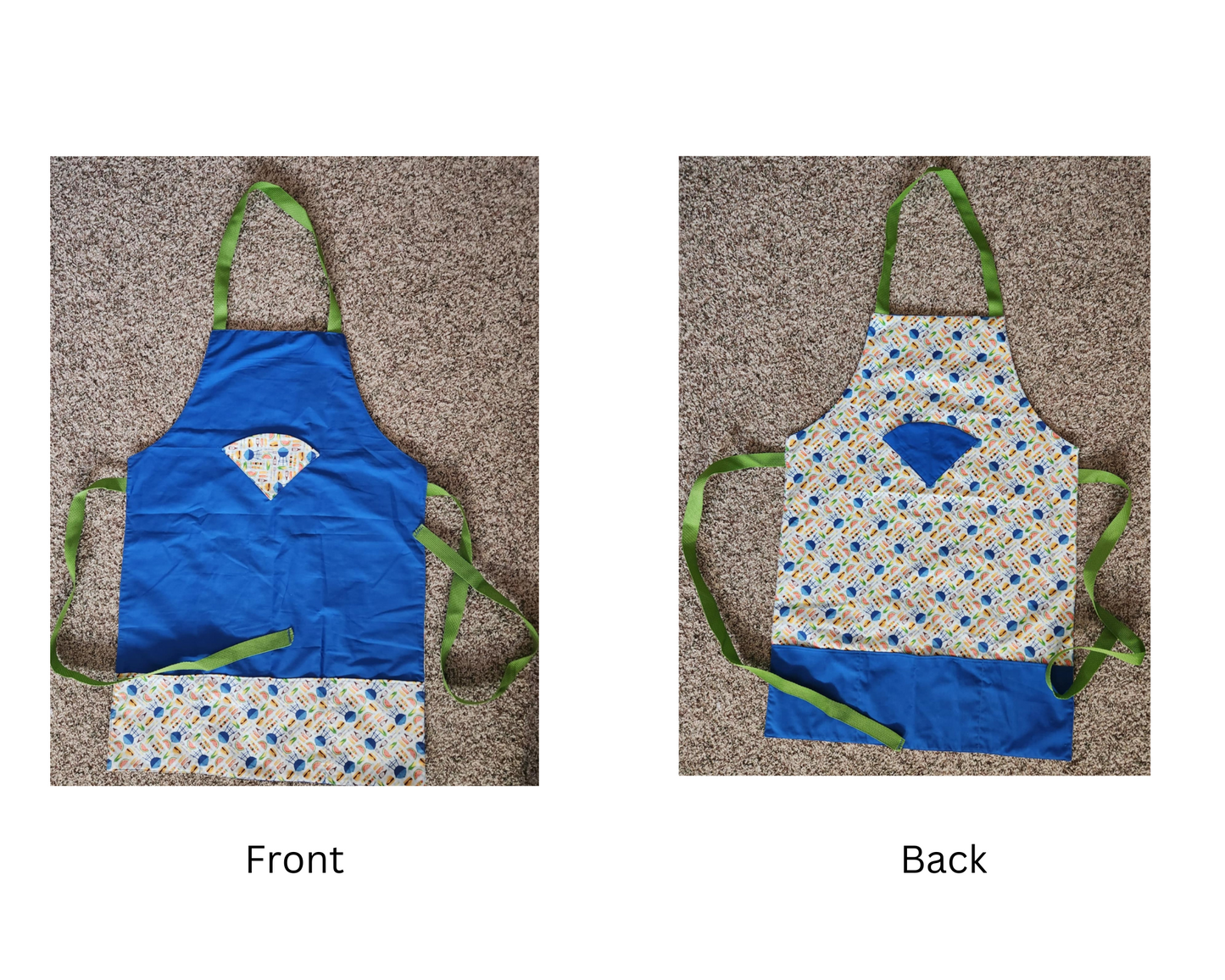 Front and back adult aprons, one with a Grills and grilling tools pattern and a blue pockets in the center and bottom,  One apron is displayed frontally and the other backside showing the BBQ pattern Pockets middle and bottom and blue main fabric.  With green ribbon on the top and on both sides to tie