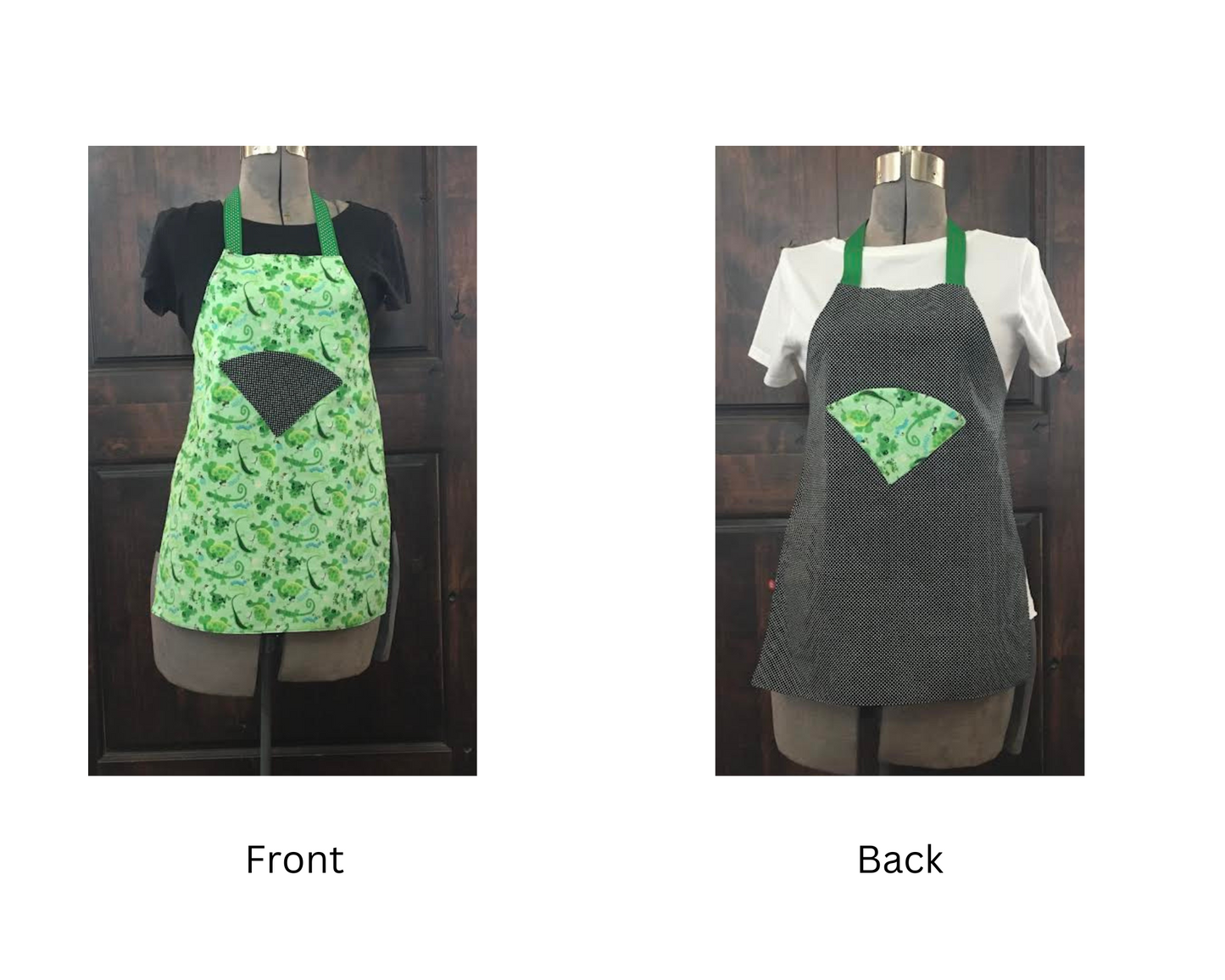 Front side Frogs and lizards with a green background, white lines with clack background. Back side white line on black fabric, frogs and lizards and green background