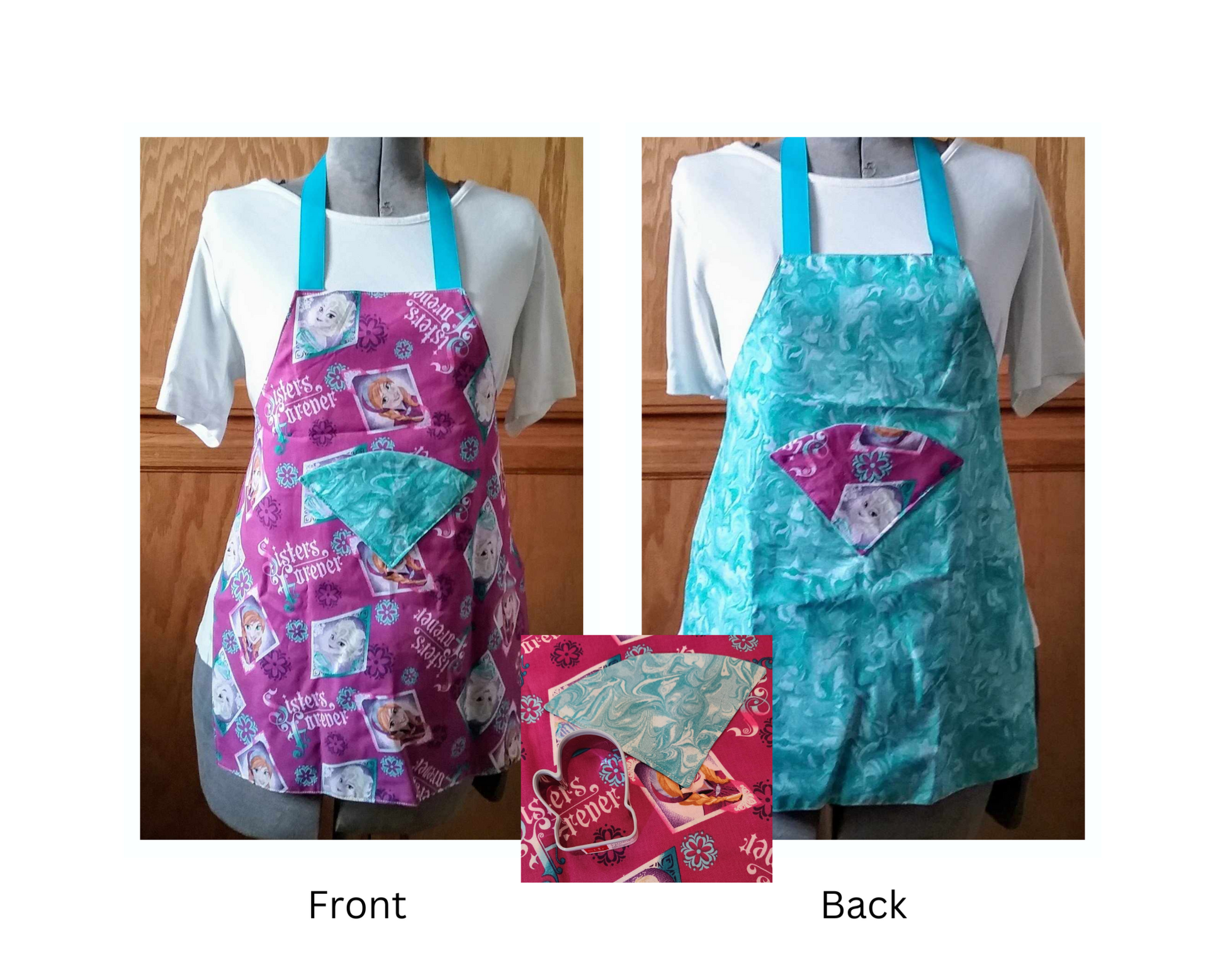 Two children aprons, in a kitchen environment. Front shows Elsa and Anna fabric ,with a marble blue pocket. Back is a Marble blue back ground with Elsa and Anna fabric for pockets.  Comes with a mitten cookie cutter