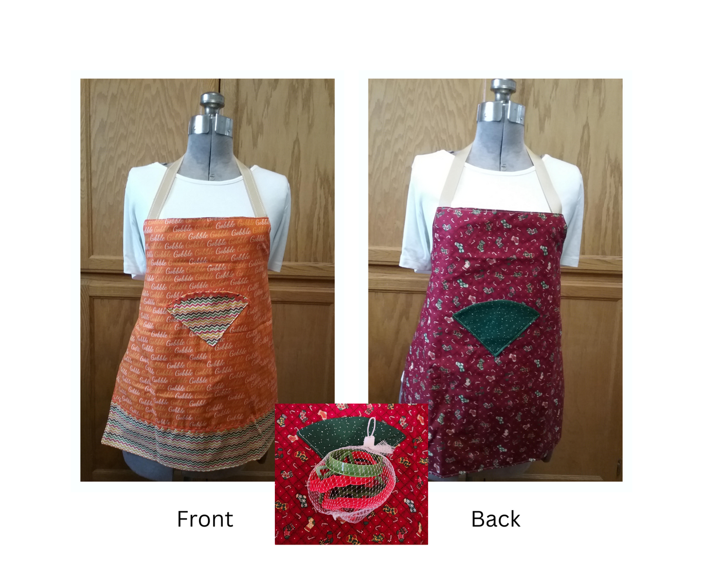 Front view Gobble Gobble Writing with orange background with Muti color pocket. Back view Christmas stoking with red background with a white spots on green background. comes with multiple cookie cutters.
