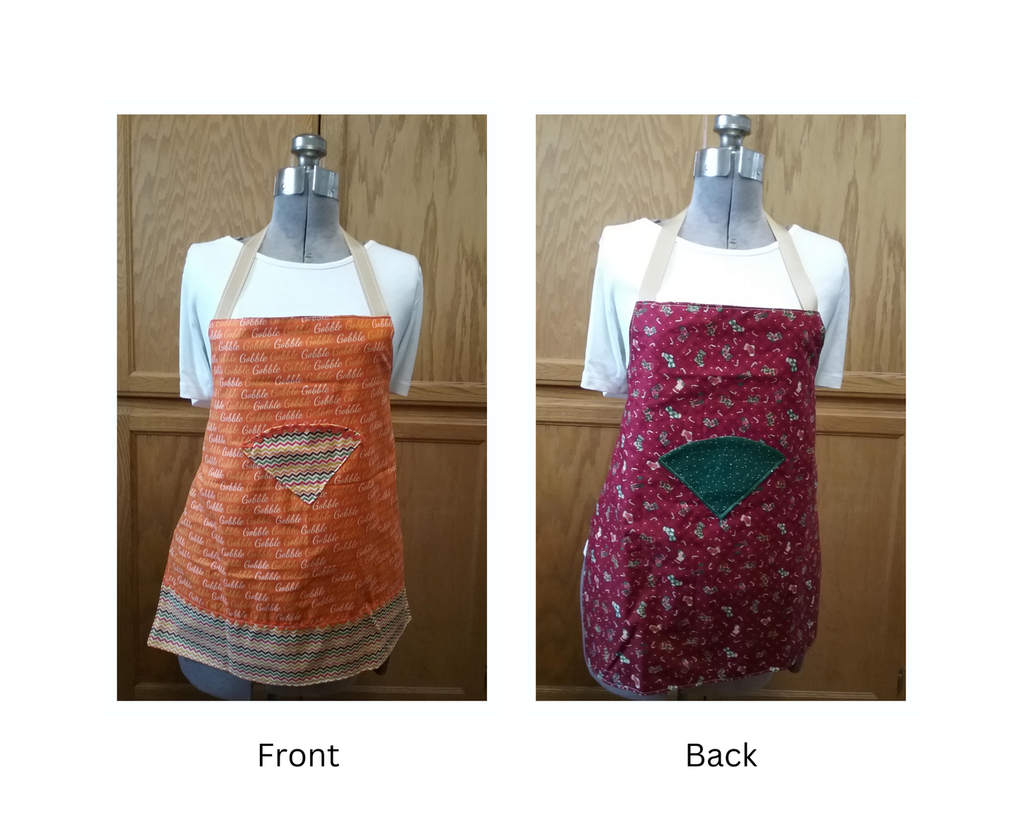 Front view Gobble Gobble Writing with orange background with Multicolor pocket. Back view Christmas stoking with red background with a white spots on green background. comes with multiple cookie cutters.