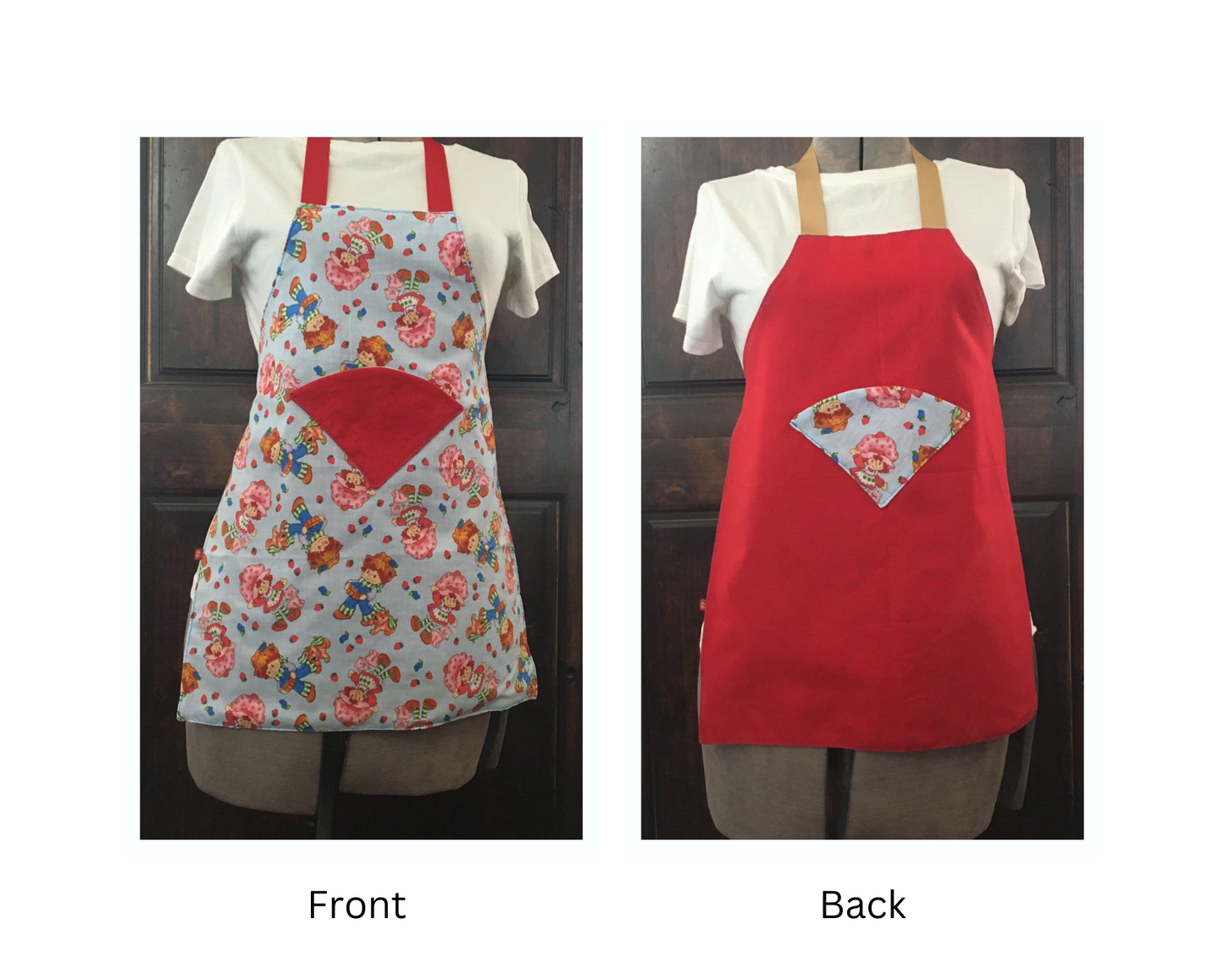 Front and back Kid apron, one with Strawberry short cake with a blue back pattern and a Red pockets in the center and the back showing Red fabric with Strawberry shortcake fabric pocket. With red ribbon on the top and on both sides to tie