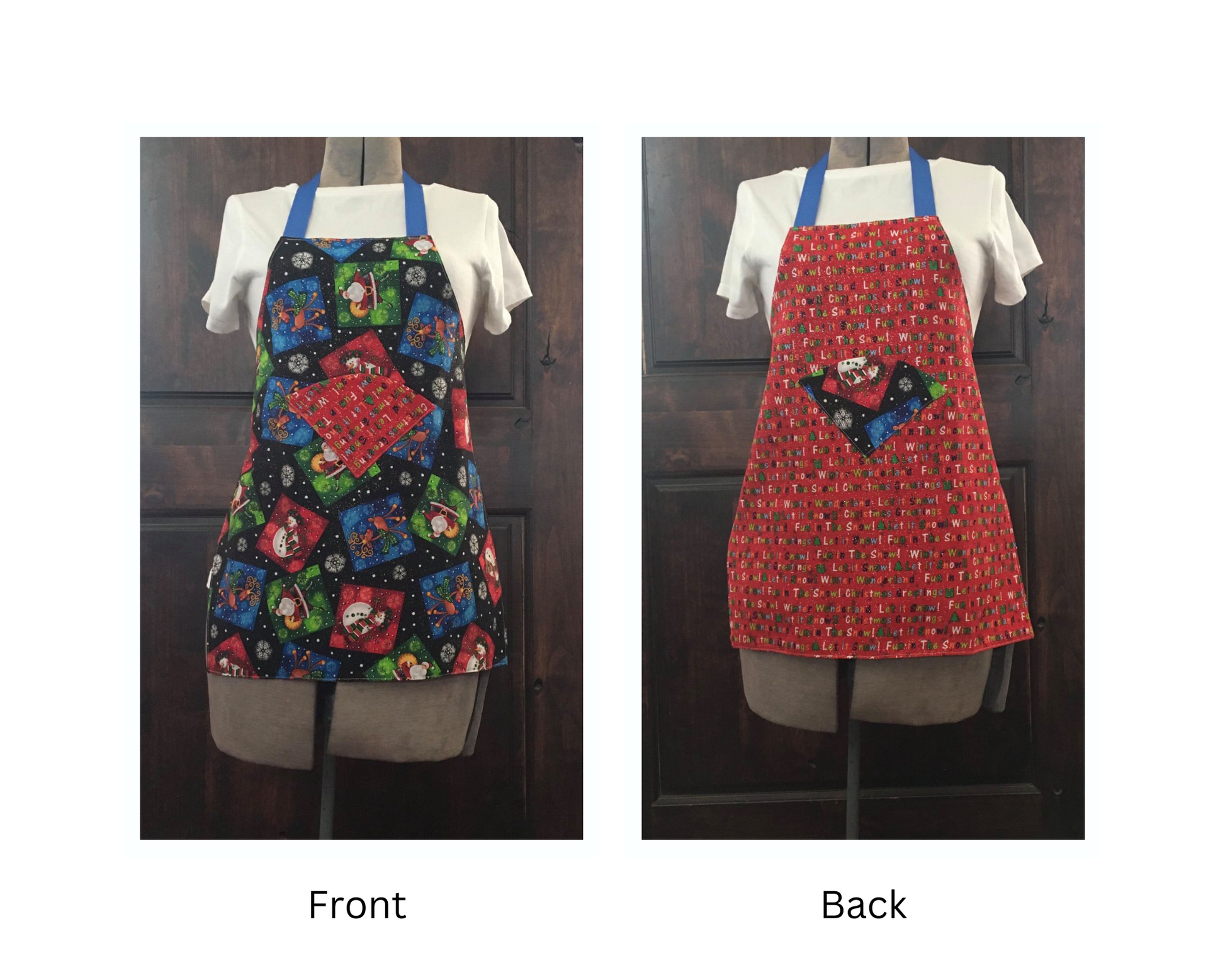 Front view is a snowman and Santa Clause With a black background, Christmas sayings on a red Background. Back side Christmas sayings in multi colors and red background, snowman on a background.  comes with a Christmas tree cookie cutter.