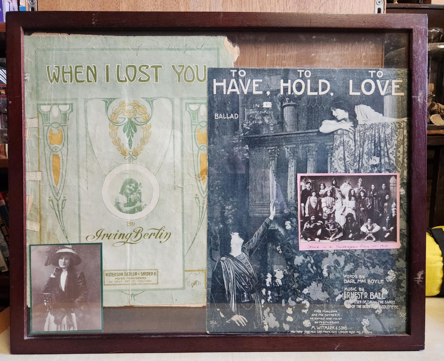 Wood Shadow box with two theater programs. One says When I lost you and the other to have, to hold, to love. A photo of a fancy dressed woman in the bottom corner