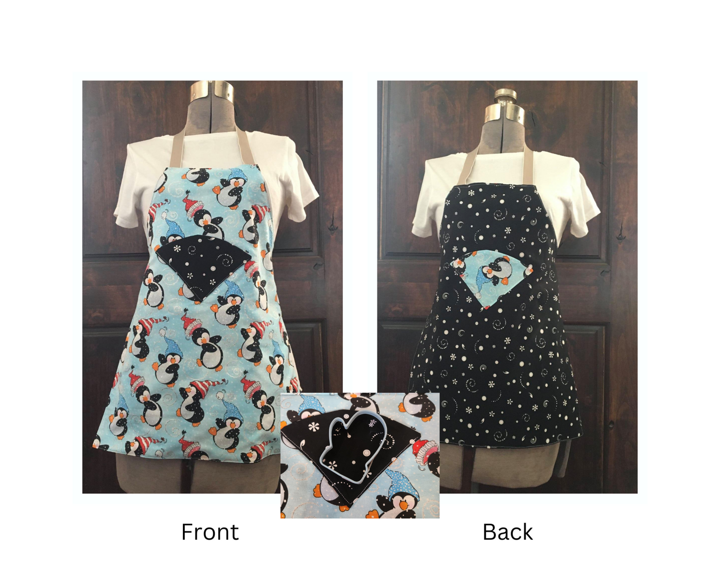 Children apron front view penguins with hats with blue background main fabric with a pocket, white snow storm with black background. Back view with white snow storm with lack background. A pocket with penguin with blue background. Comes with a mitten cookie cutter.