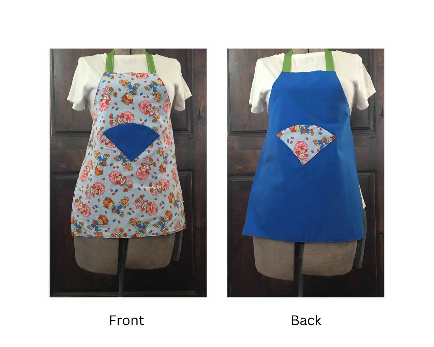 Front and back Kid apron, one with Strawberry short cake with a blue back pattern and a blue pockets in the center, One apron is displayed frontally and the other is the back showing blue fabric with Strawberry shortcake fabric pocket. With green ribbon on the top and on both sides to tie