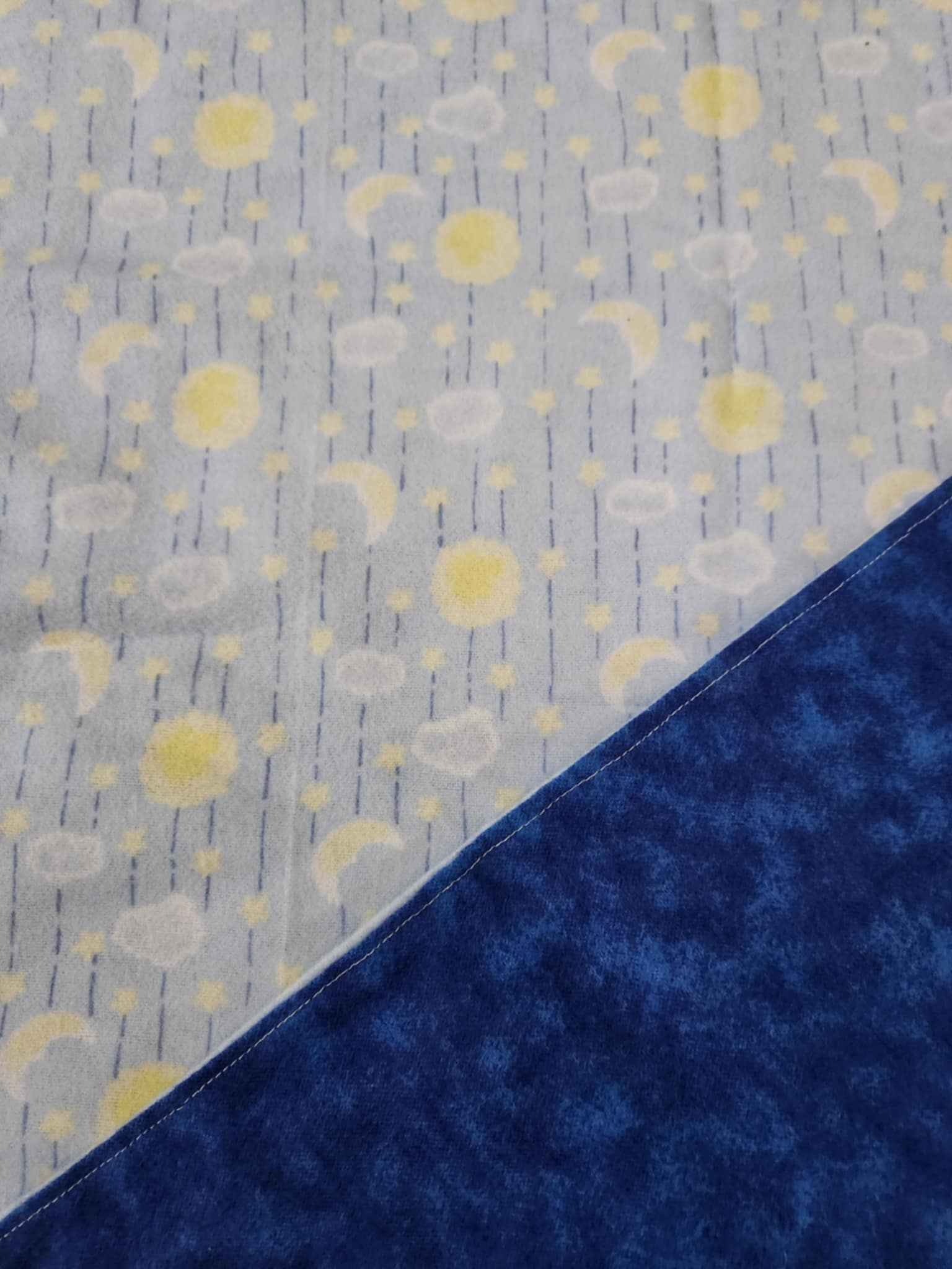 Close up on Blue receiving blanket showing dark blue back. With a Sun and moon pattern
