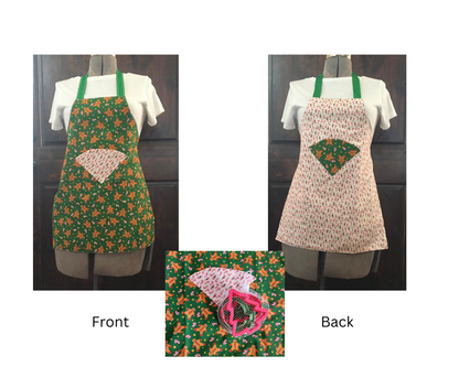 Front view Brown Gingerbread men with green background, Candy canes on white background pocket. Back View candy canes on white background with gingerbread men on green background pocket. comes with multi Christmas cookie cutters. 