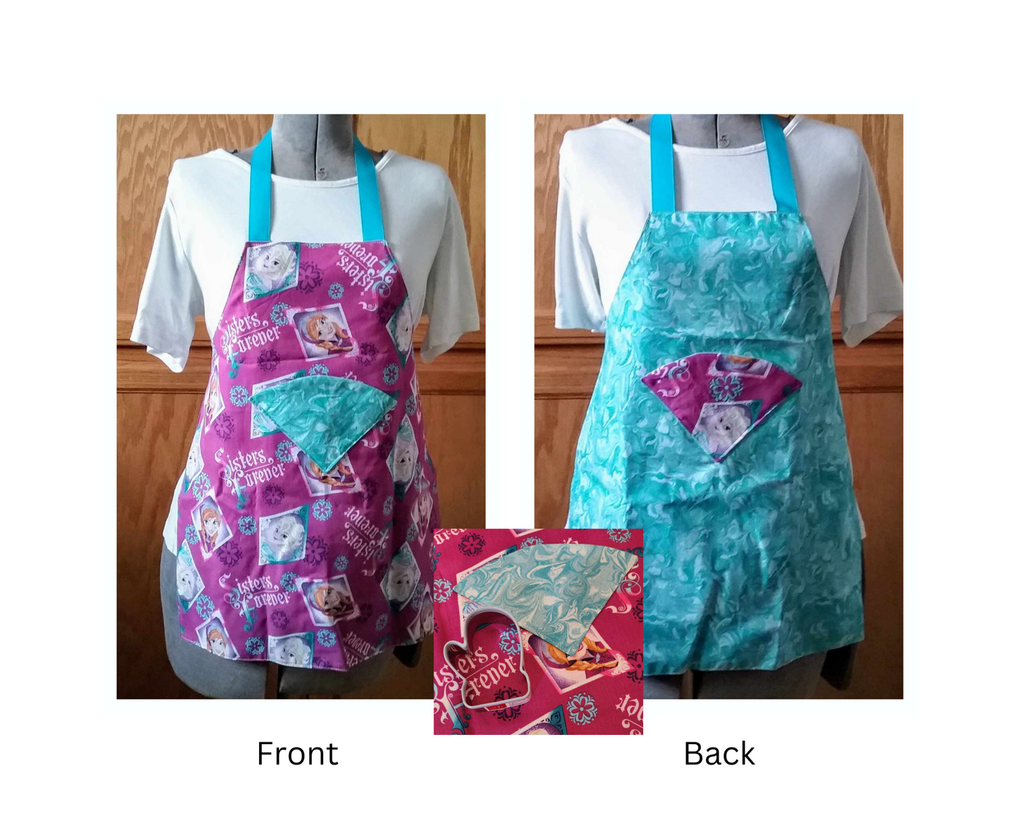 Two children aprons, in a kitchen environment. Front shows Elsa and Anna fabric ,with a marble blue pocket. Back is a Marble blue back ground with Elsa and Anna fabric for pockets.  Comes with a mitten cookie cutter 