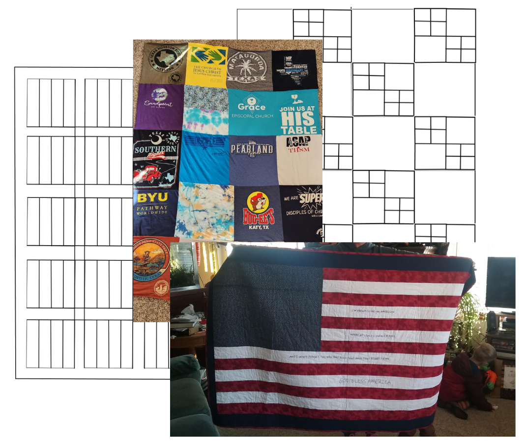 Had 2 different drawings of quilt patterns, one American flag quilt and a t-shirt quilt