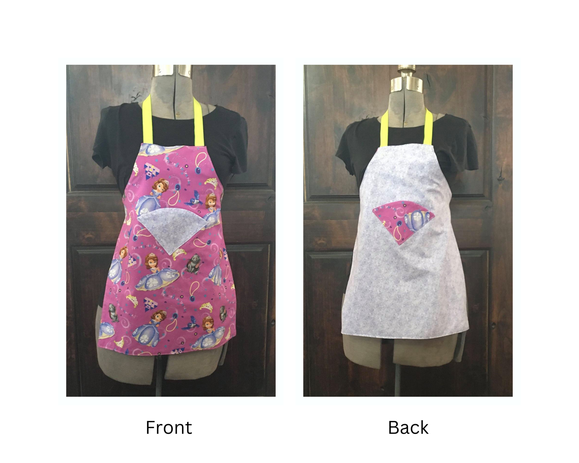 Front shows Sophia and her castle wit a purple background and a light purple pocket. Back shows light purple with a Sophia the first with dark purple backing. Tied with yellow ribbon