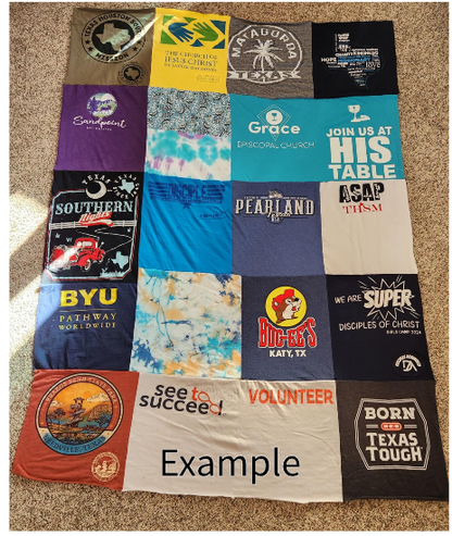 A handmade quilt made of various multicolored t-shirt fabrics with different logos and texts, laid out on a flat surface with the word 'Example' indicated on one of the quilts.