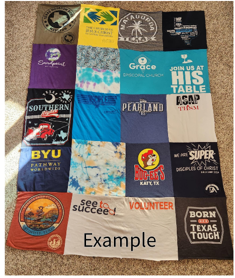 A handmade quilt made of various multicolored t-shirt fabrics with different logos and texts, laid out on a flat surface with the word 'Example' indicated on one of the quilts.
